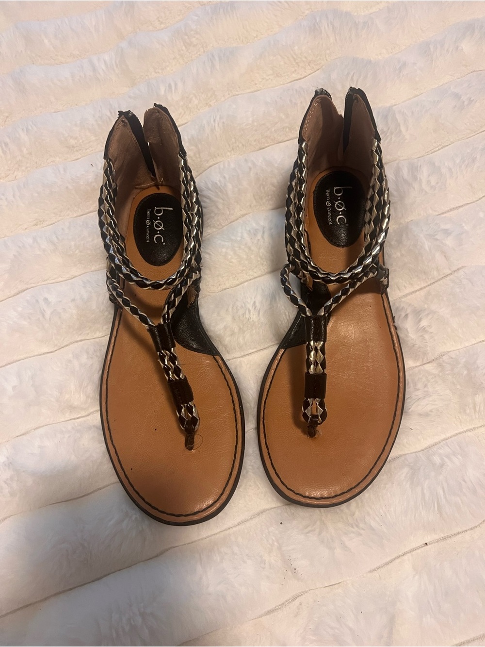 b.o.c. Braided Black and Tan T-Strap Ankle Sandals